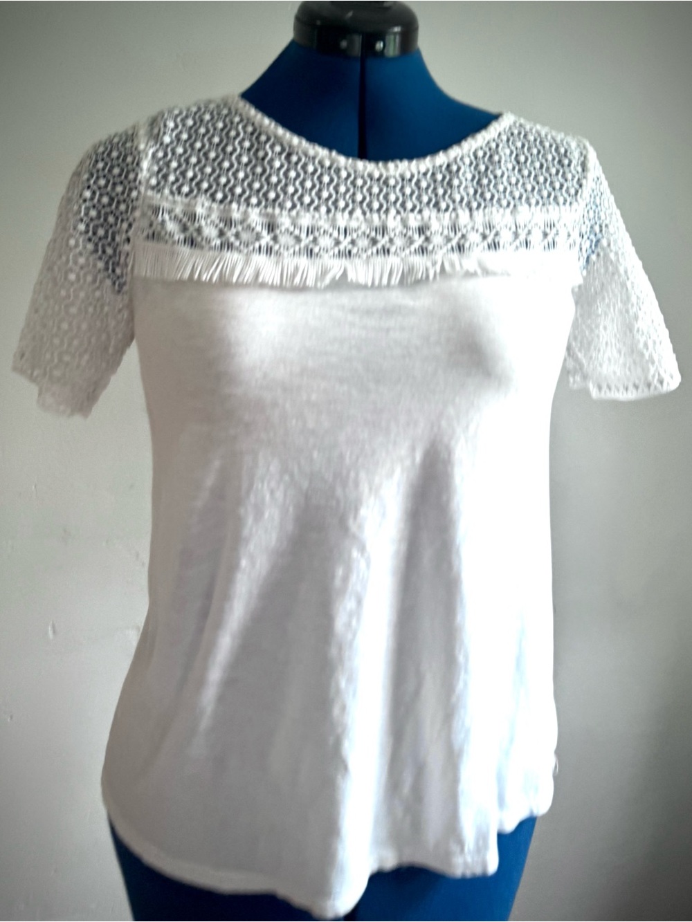 LOFT White Fringe Lace Yoke Short Sleeve Top